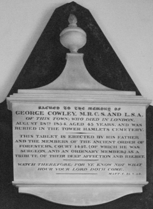 Memorial tablet for George Cowley
